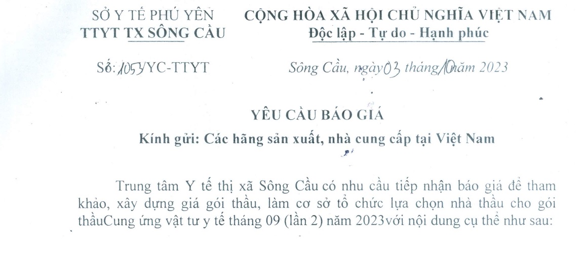 Yêu cầu báo giá gói thầu Cung ứng vật tư y tế tháng 9 (lần 2) năm 2023.